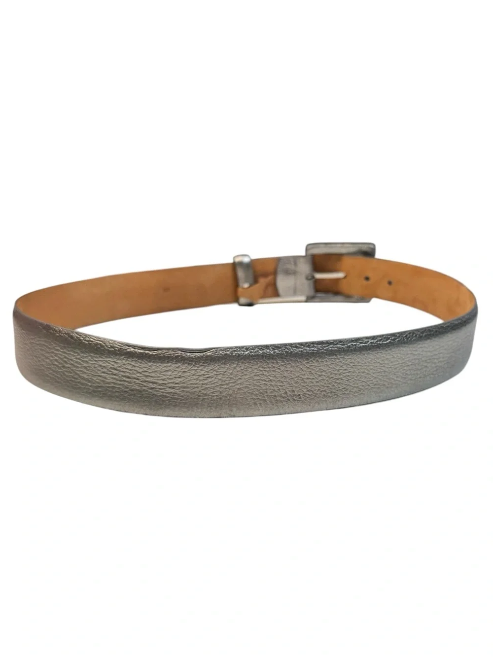 W. Kleinberg Silver Metallic Leather Wide Statement Belt Rectangle Buckle USA S